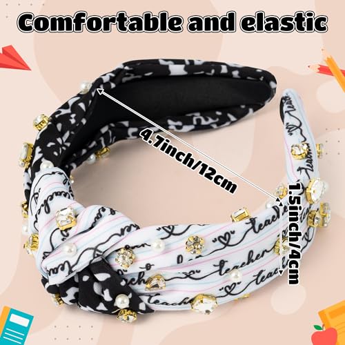 PANTIDE Teacher Jeweled Knotted Headband - Back to School Composition Notebook Rhinestone Pearl Embellished Headband Top Knot Hair Accessories Teacher Appreciation Gift For Women Girls (Black White) - color: Black White Teacher