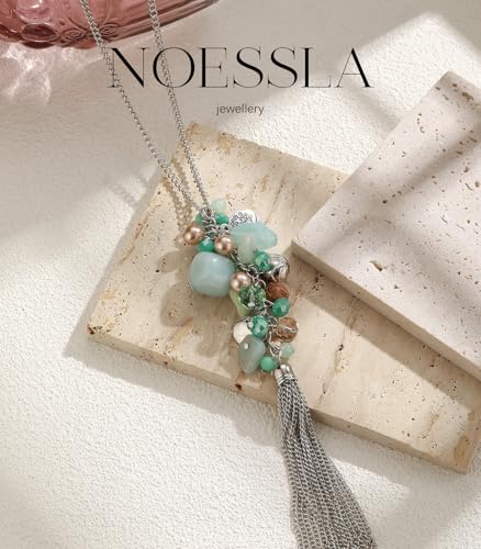 Noessla Boho Long Pendant Necklaces for Women Silver Tassel Long Necklace Sweater Chain Mothers Day Gifts Silver Costume Jewelry for Women - color: Amazon Green