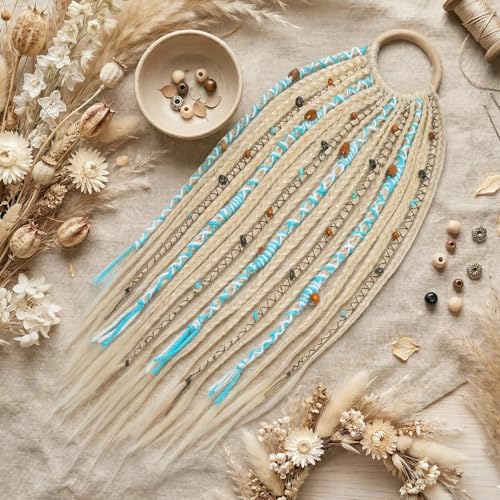 SEIKEA Boho Braided Ponytail Extension on Hair Tie, 16" Full Volume Lightweight Viking Dreadlock Ponytail Braid in Dreadlock Extensions with Beads and Shells, Festival Hair Accessories for Women Girls - color: Platinum with Aqua Pop