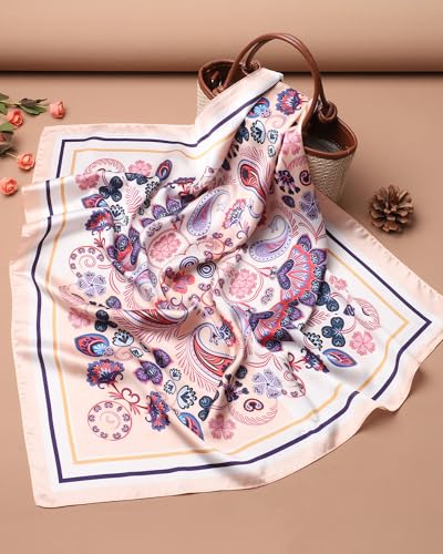 AWAYTR 27.5” Square Satin Head Scarf Hair Scarf for Women's Hair Silk Bandana for Women Silk Head Wrap for Sleeping - color: Cashew Print (Pink)