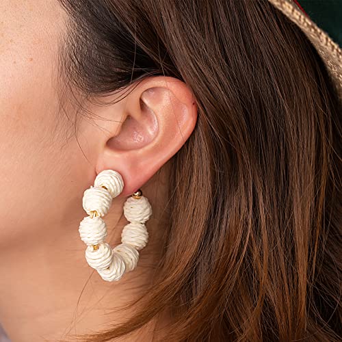Raffia Hoop Earrings Statement Boho Beaded Earrings Cute Rattan Handmade Colorful Jewelry for Women Unique Summer Outfits - color: Ivory