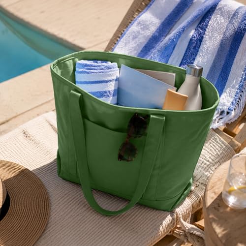 DALIX 20" Solid Color Cotton Canvas Shopping Tote Bag in Olive - color: Olive