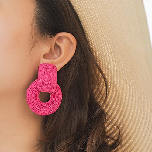 Statement Raffia Earrings Cute Boho Earrings Rattan Dangle Earrings Handmade Straw Wrap Earrings Summer Drop Dangling Earrings for Women Teen Girls - color: Rose