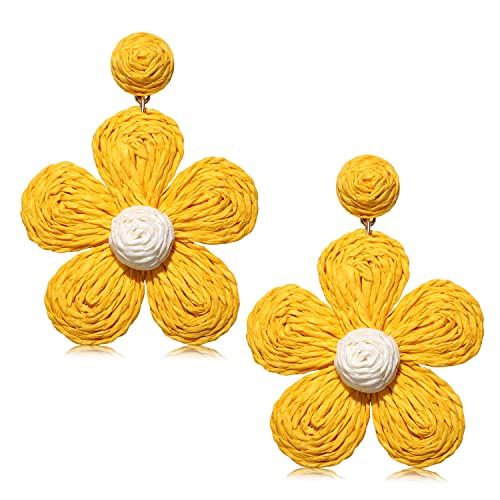 Rattan Earrings for Women Statement Boho Raffia Straw Wrapped Flower Drop Dangle Earrings Summer Tropical Beach Jewelry - color: Yellow