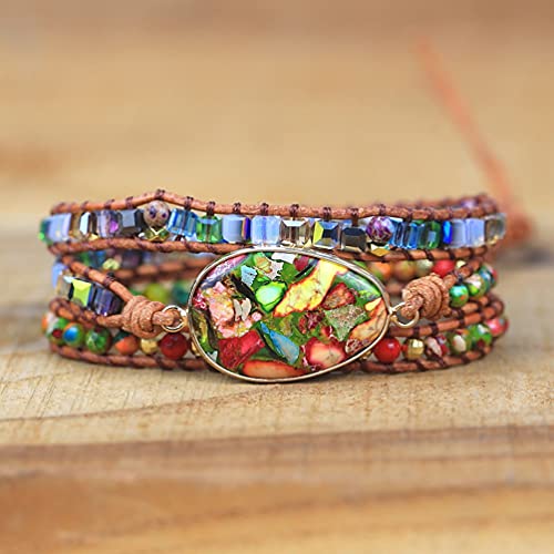 Women Wrap Bracelet Boho Natural Jasper Crystal Stone Beads Strand Bracelets - color: Colored turquoise