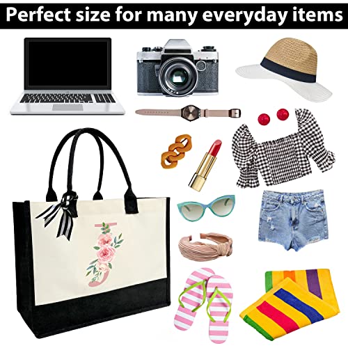 Initial Canvas Tote Bag for Women, Beach Bag with Inner Zipper Pocket Personalized Gifts for Wedding, Birthday | Initial - color: J