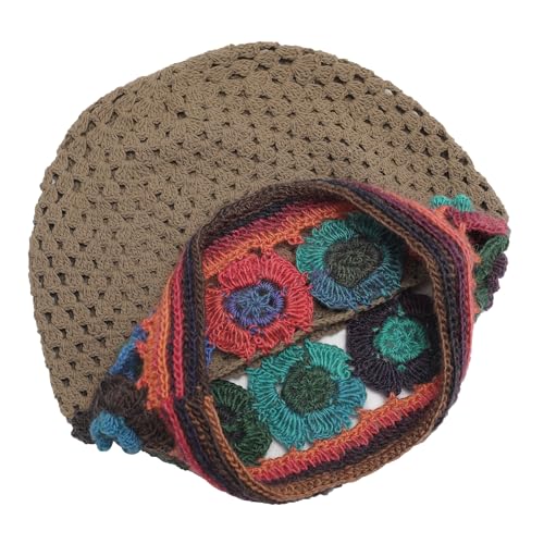 ZLYC Women Cotton Crochet Slouchy Beanie Hat Handmade Knit Summer Skull Cap - color: Colorful Flower Tan