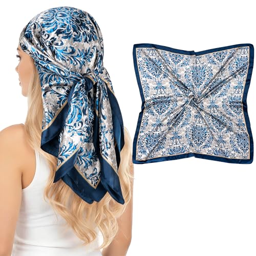 Pistha Head Scarf Bandana for Women, Satin Scarf for Hair, Large Square Silk Bandana Headscarf for Women and Men 35 Inch - style: Flower-blue