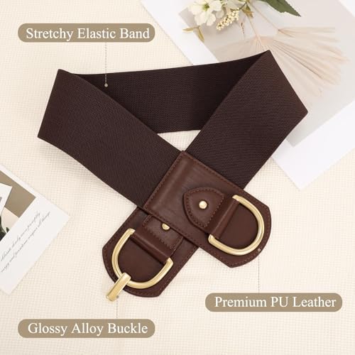Wide Belts for Women Fashion Elastic Belt for Dresses Vintage Waist Belt Ladies Stretchy Belt Gold Buckle - color: Coffee(gold), size: Fit Waist Size 35"-39"