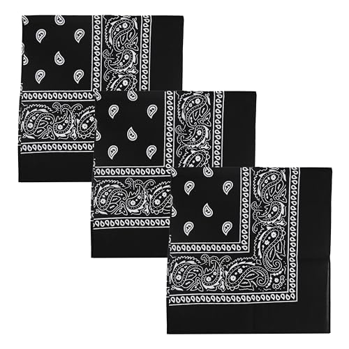Motique Accessories Set of 3 Paisley Bandanas – 100% Cotton 22 Inch Head Scarf Neck Bandana Face Cover - color: Black