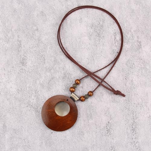 Kelake Leather Necklace for Women Men Teen Vinatge Boho Alloy Pendant Choker Jewelry Fashion Sweater Necklaces with Adjustable Genuine Leather Chain - color: Brown Wood & Gold 2 Layers Round Pendant