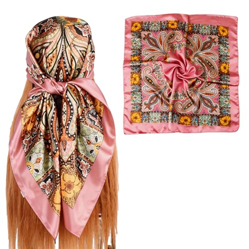 35 x 35 Women's Fashion Pattern Large Square Silk Like Hair Scarf Head Sleeping Wrap Satin Neck Bandana for Gift… - color: Big Cashew Pink