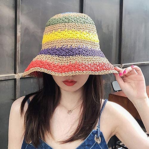 Women Straw Sun Hat Floral Woven Crochet Bucket Hat Y2k Aesthetic Accessories Beach Hat Hand Woven Boho Foldable Cap - color: Striped D