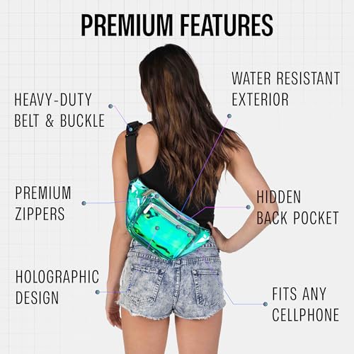 Fanny Pack Belt bag - Crossbody Waist Bag for Men or Women - Hands-Free, Waterproof Large Bumbag for Hiking, Running, and Travel (Holographic Transparent - Aqua) - color: Transparent - Aqua