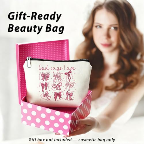 God Says I Am Pink Christian Makeup Bag, Coquette Pink Bow Preppy Cosmetic Bags for Women, Inspirational Christian Gifts for Women, Preppy Aesthetic Zipper Makeup Pouch - color: 01-God Says I Am