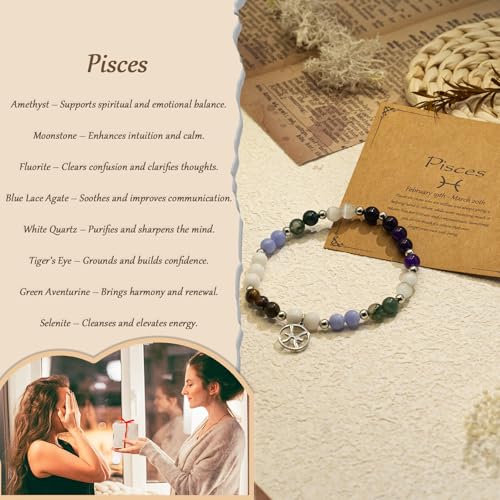 Zodiac Natural Stone Bracelet – Handmade Crystal Healing Bracelet with Zodiac Charm – Adjustable Beaded Jewelry Gift for Women Men Girls - color: Pisces