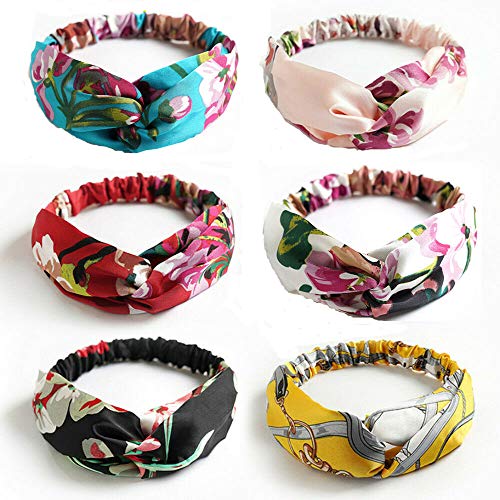 Boho Headbands for Women, Silk Elastic Satin Hairband Vintage Floral Printed Paisley Bandana Fashion Headwraps Hair Band Accessories for Women Girls, 6 Packs