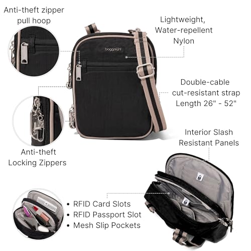 Baggallini Securtex® Anti-theft Mini Everything Crossbody Bag, 6.3"x8.25" Rfid, Locking Zippers & Cut-resistant Strap - color: Black/Neutral