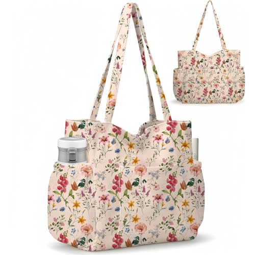 Corduroy Tote Bag for Women,Large Capacity Cute Tote Bags With 6 Pockets,Crossbody Shoulder Handbag for Work Travel Gym - color: Retro Flowers