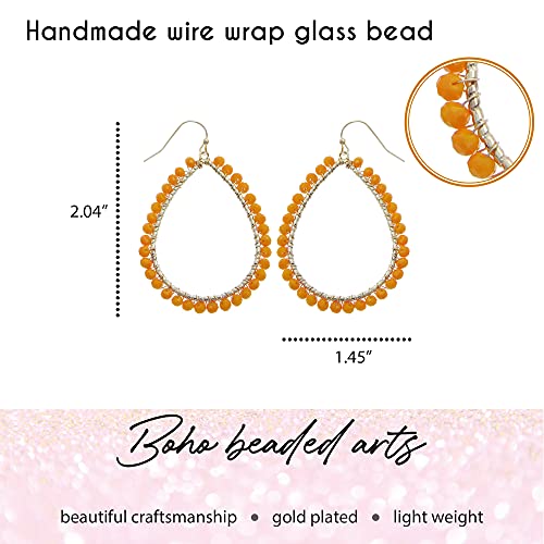 Bohemian Boho Teardrop Dangle Drop Earrings for Women – Delicate - Handcrafted Wire Wrapped Colorful Faceted Glass Beads – Gold Plated – with Gift Box Included - color: Sunflower Orange