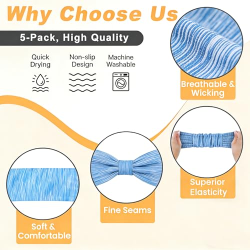 5 Pack Wide Headbands for Women, Sweat-Absorbing Sport Sweatbands, Soft Elastic Yoga Hairbands, Comfortable Hair Bands for Fitness Workout Travel Exercise - color: 5 Packs