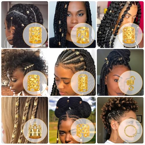 Lucomb 220 Pcs Gold Hair Jewelry for Braids, Loc Jewelry for Hair Dreadlock, Loc Charms for Women, Metal Gold Braid Rings Cuffs Clips for Dreadlock Accessories Clip Braids Extensions Decorations - color: Gold