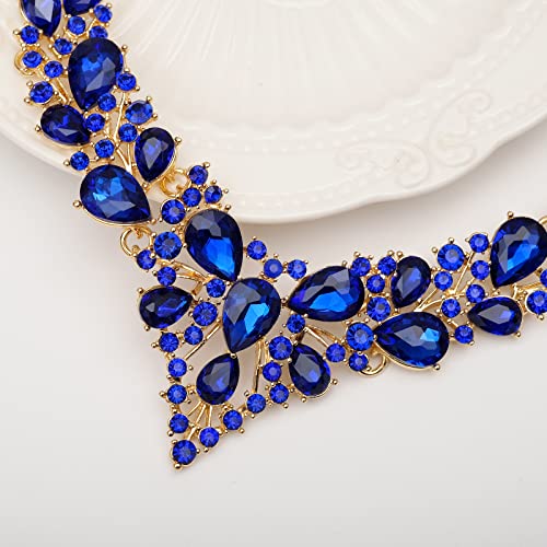 CSY 4 Pcs/Set Austrian Crystal Necklace Earrings Bracelet Ring Bridal Jewelry Sets for Brides Wedding Party Costume Accessories Gifts for Women - color: 02-gold plated-royal blue