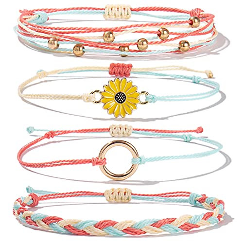 FANCY SHINY Easter Gifts Basket Stuffers Sunflower String Bracelet Boho Braided Rope Wrap Bracelets Cute Summer Beach Surfer Jewelry for Women - color: Rouge