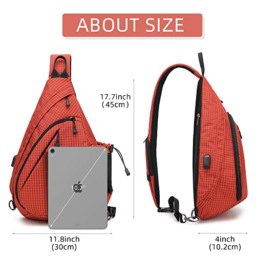 TurnWay Water-Proof Sling bag/Crossbody Backpack/Shoulder Bag with USB Charging Port for Travel, Hiking, Cycling, Camping - color: Orange Grid