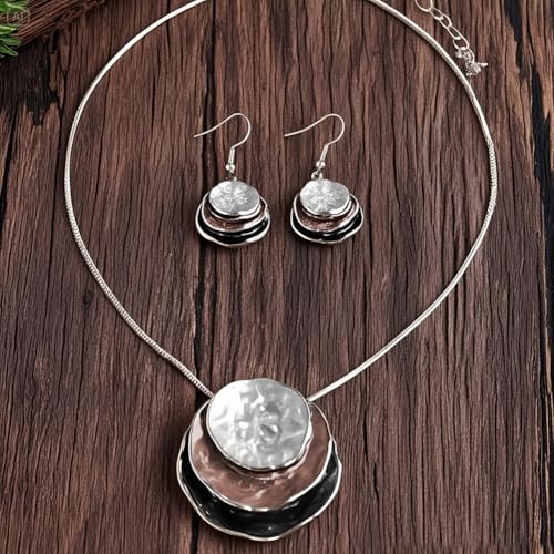 Boho Stud Earring Necklace Set,Vintage Jewelry Set,Trendy Dangle Disc Necklace Jewelry Sets for Women - color: Grey-Khaki