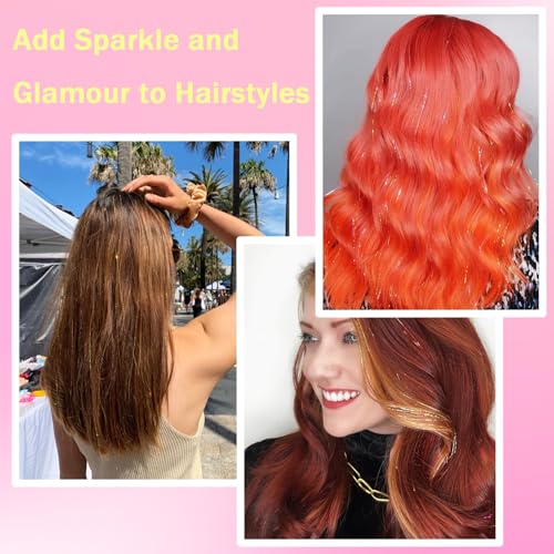 NIACONN Glitter Hair Tinsel Extensions Kit Gold with Tools and Beads, 48 Inch Sparkly Fairy Colorful Tensile Strands Shiny Hair Accessories for Women Girls Kids - color: Gold