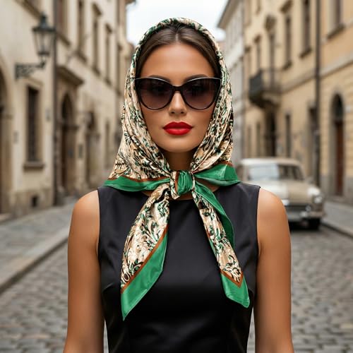 Pistha Head Scarf Bandana for Women, Satin Scarf for Hair, Large Square Silk Bandana Headscarf for Women and Men 35 Inch - style: Flower-green