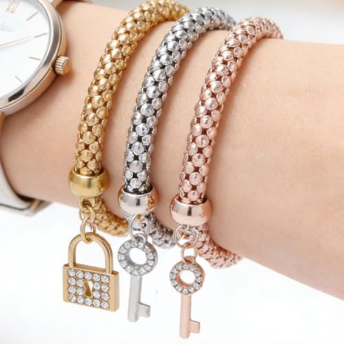 Alegend Titanium Steel (Not Rust, Resist Corruption, Easily Clean) 18K Gold Plated Single Bracelets + 14K Gold Plated Stackable Multilayer Bracelets - style: 14KGold Crystal Keys and Locks