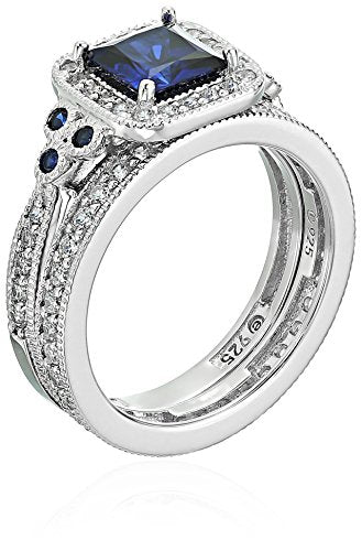 Amazon Essentials Platinum or Gold Plated Sterling Silver Antique Ring set with Asscher-Cut Infinite Elements Cubic Zirconia - color: Created Blue Sapphire/Platinum, size: 7