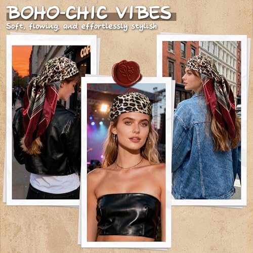 Large Square Head Scarf Bandana - 35" Satin Hair Scarf for Women Like Silk Scarf Fashion Hair Wrapping - color: Leopard(red), size: 35IN*35IN