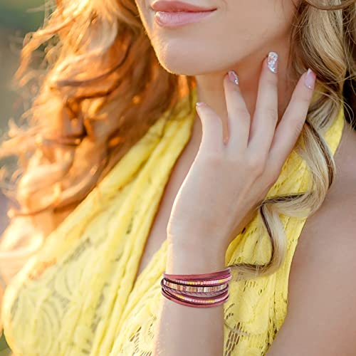 Fesciory Leather Wrap Bracelets for Women, Boho Leopard Multi-Layer Crystal Beads Cuff Bracelet Jewelry - color: Boho Braid(Red)