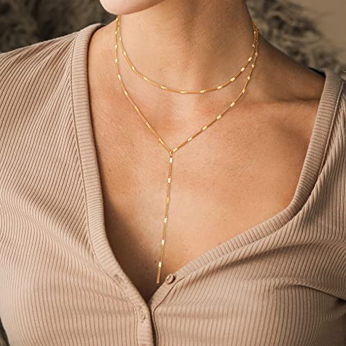 Foxgirl Lariat Gold Necklace for Women, Dainty Long Necklace 14k Gold Plated/Silver Y-Shaped Pendant Necklace Trendy Layered Cz Beaded Chain Drop Necklaces Simple Gold Jewelry For Women Gift - color: Y Layered Bar-GD