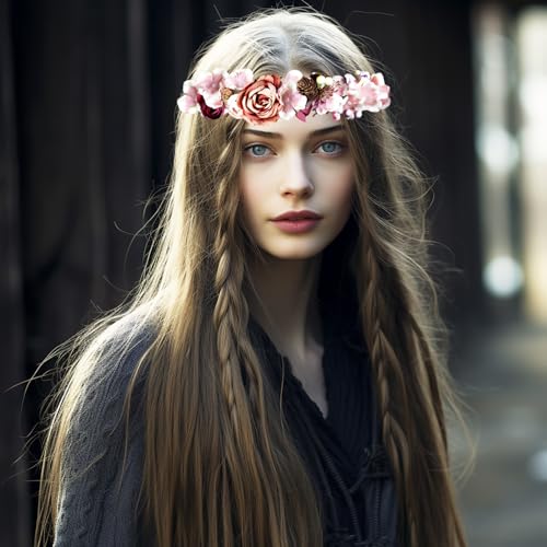 Vivivalue Fairy Floral Crown Woodland Elf flower Headband Elven Wreath for Women Halloween Wedding Cosplay Photo Props Renaissance Brown - color: 6