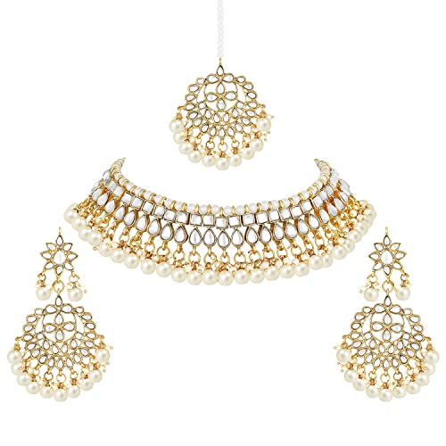 Aheli Faux Kundan Beaded Necklace Earrings Maang Tikka Indian Bollywood Ethnic Jewelry Set Gift for Women - color: White