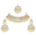 Aheli Faux Kundan Beaded Necklace Earrings Maang Tikka Indian Bollywood Ethnic Jewelry Set Gift for Women - color: White
