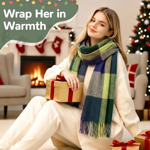 Loritta Womens Scarf Fashion Long Plaid Shawls Wraps Big Grid Winter Warm Lattice Large Scarves Gifts - color: D-blue Green Lattice