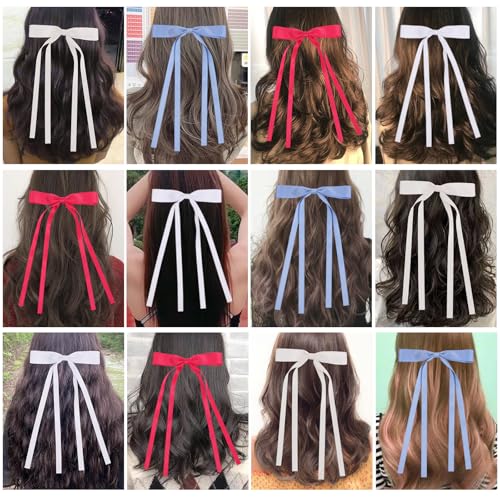 WORTL Hair Bows Clips Coquette Ribbon Bowknot with Long Tail Princess Hair Bows French Barrettes Hair Accessories for Women Girls 16PCS (Rose red, Cream,White, Blue) - color: Rose red,white， Cream, Blue