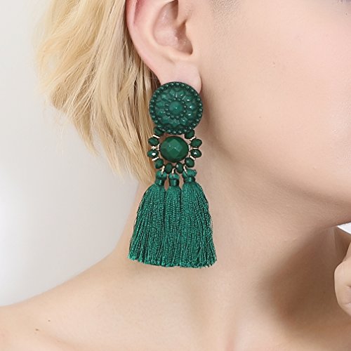 boderier Bohemian Statement Thread Tassel Chandelier Drop Dangle Earrings with Cassandra Button Stud - color: Deep Green