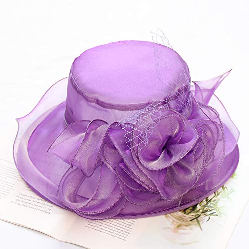 Women's Kentucky Derby Church Dress Hat Wide Brim Leaf Flower Bridal Shower Hat - color: A6 Purple