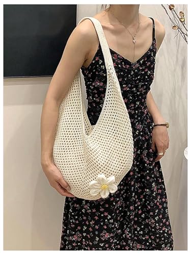 OYOANGLE Women's Floral Applique Crochet Beach Tote Bag Summer Boho Mesh Woven Tote Bag - color: Beige
