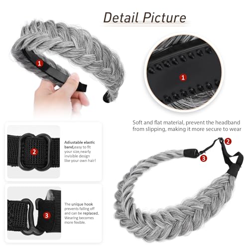 2PCs Braided Headband with teeth Handmade Messy Wide Synthetic Hair Elastic Stretch Fluffy Hairpiece for Brides (Salt Pepper) - color: Salt Pepper