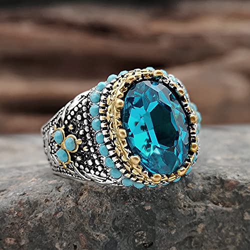 SUKKCCNO Vintage Turquoise Blue Crystal Ring for Men 14K Gold Plated Luxury Sapphire Surround Round Cut Synthetic-Turquoise Silver Plated Ring Turkish Handmade Engrave Jewelry Gift 6 - size: 6