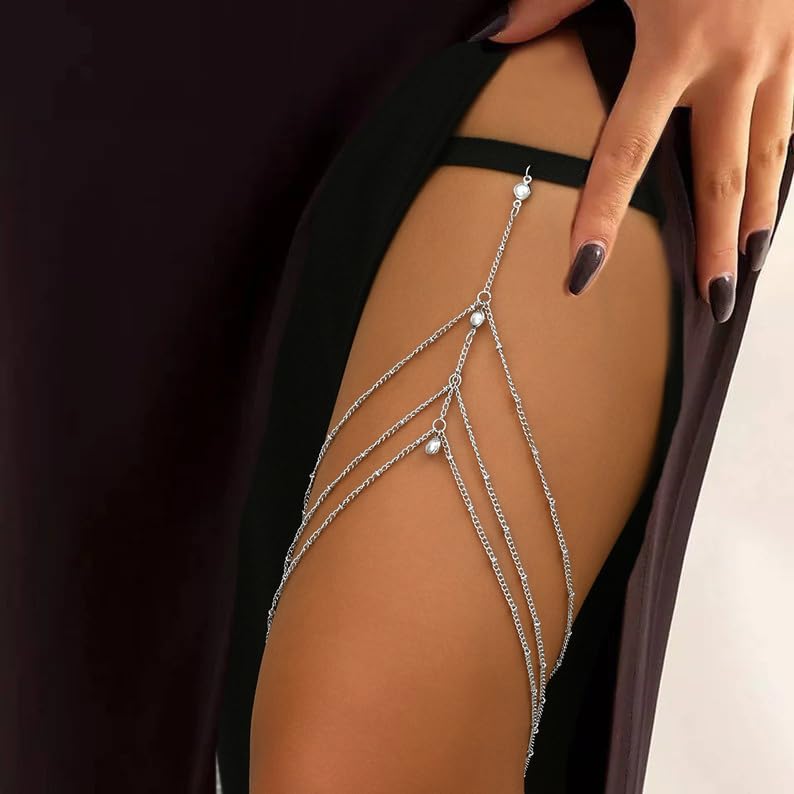 Gold Pearl Thigh Chain Layered Sexy Leg Wrap Garter Belt Boho Beach Body Chain Jewelry Bikini Thigh Accessory for Women - color: Silver