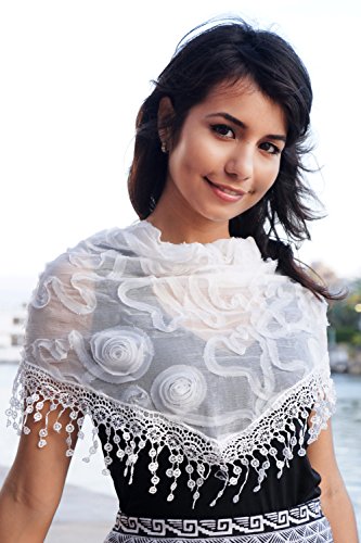 Cindy & Wendy Floral Embroidered Lace Triangle Scarf for Women - color: White