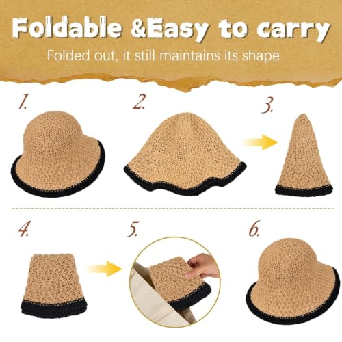 Sun Hat for Women Beach Hat Straw Bucket Hat Summer UV Protection, Packable Breathable Crochet Style - color: 1pack-khaki-black-brim